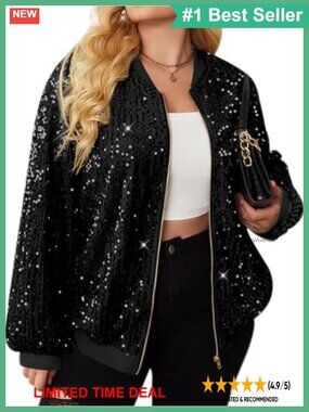 Plus Size Sequin Bomber Jacket Long Sleeve Front Zip Casual Party